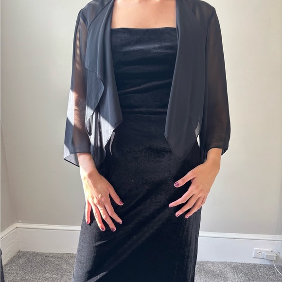 Whimsical Y2K 2 Piece Set Black Maxi Velvet Strappy Dress Ruffle Sheer Top Small